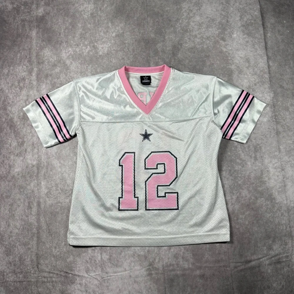 Dallas Cowboys Girls Jersey 10 12 White Pink Football Number 12 Mesh Sporty Tee